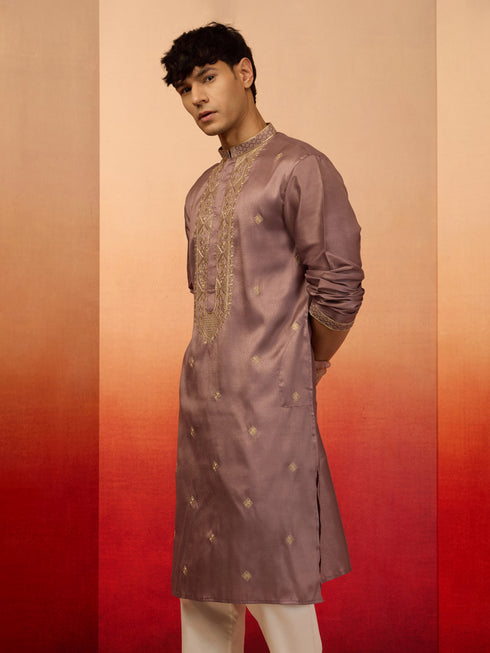 Men's Lavender Resham Embroidered Silk Kurta
